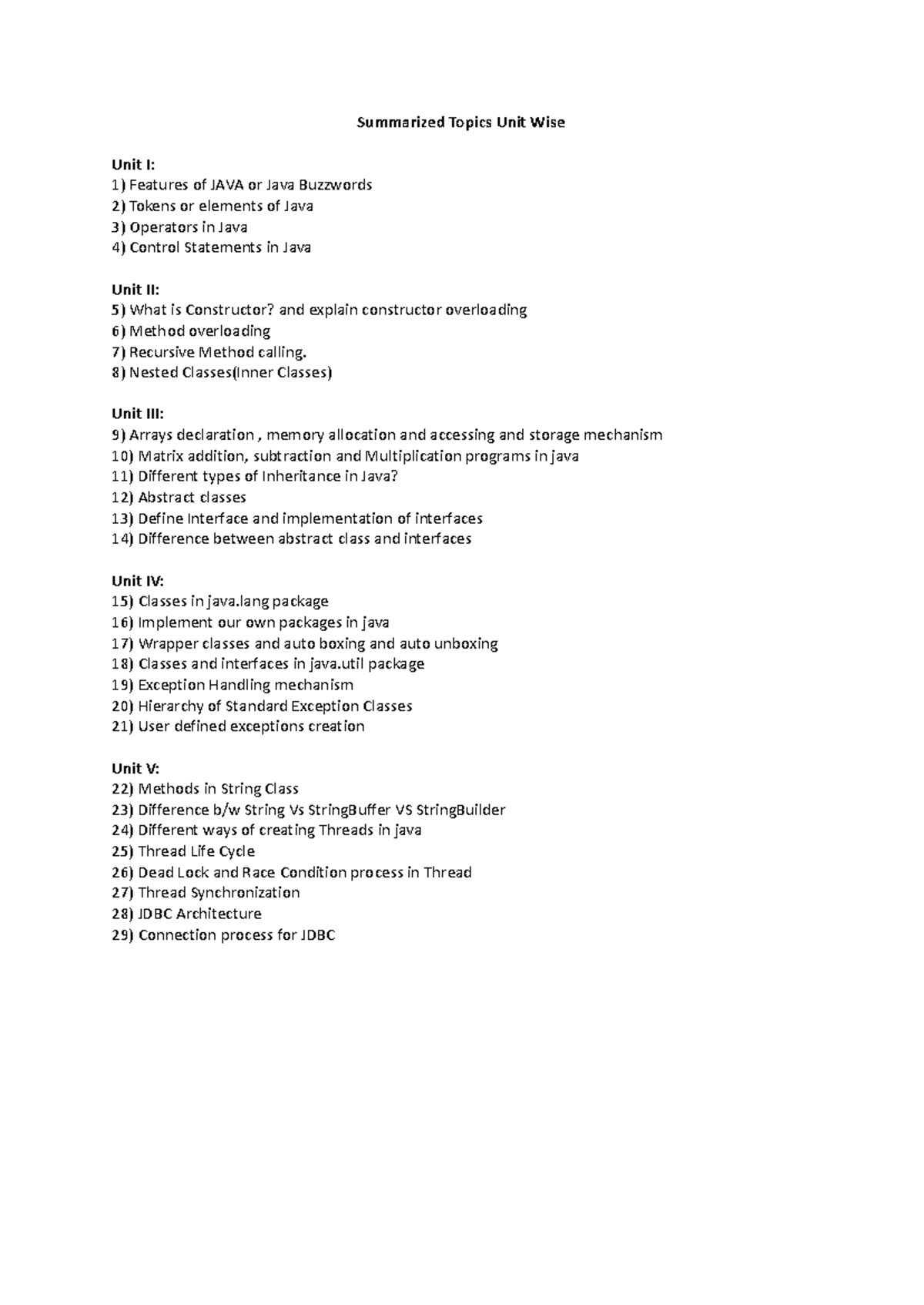 Unit Wise Important Questions for JAVA - 2 Marks Summary - Studocu