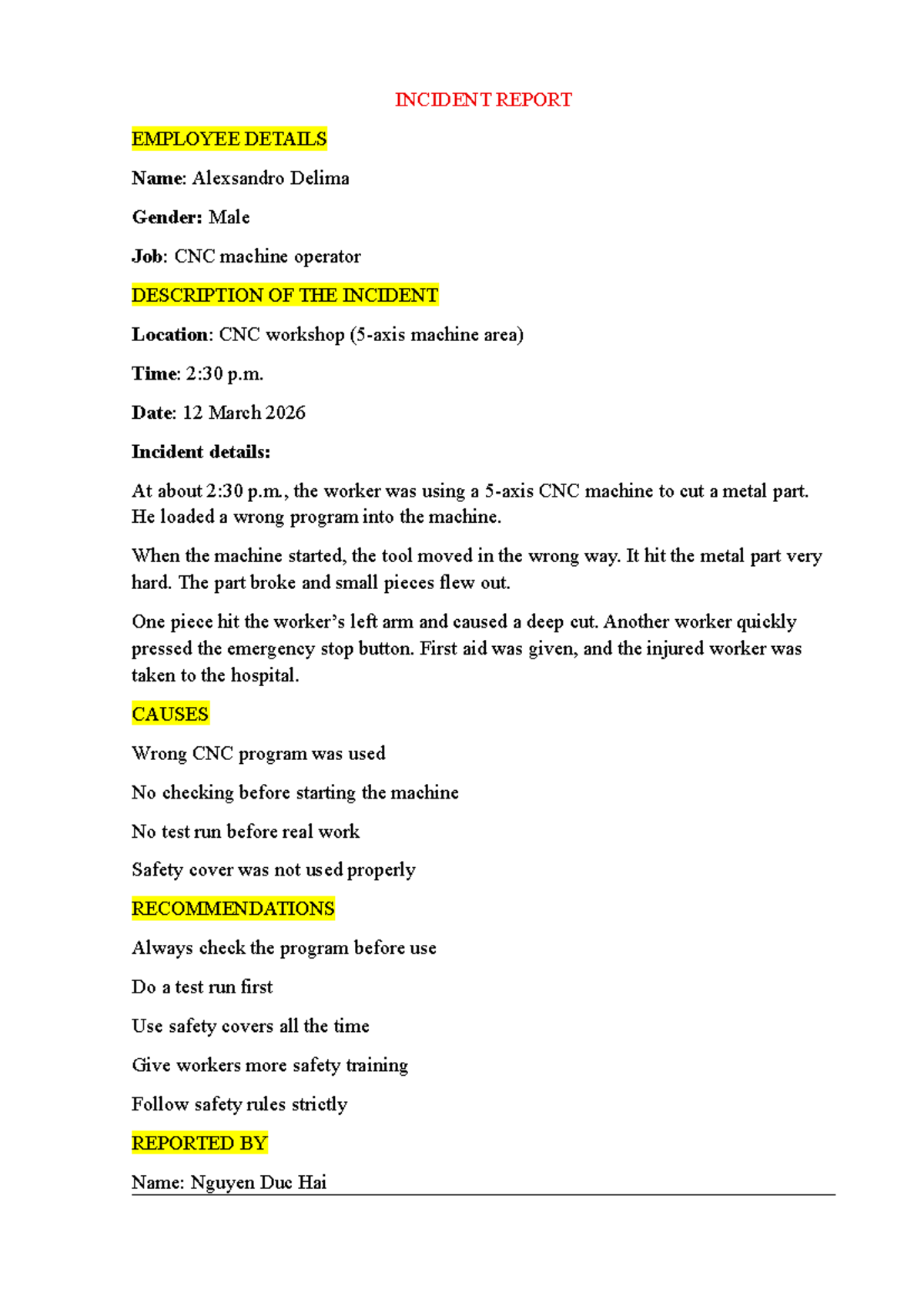 U3 Writing - Incident Report on CNC Machine Accident - Studocu