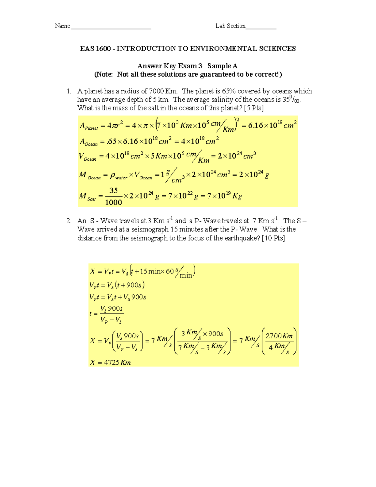 Exam3 Sample+A - Exam Solutions - EAS 1600 - INTRODUCTION TO ...