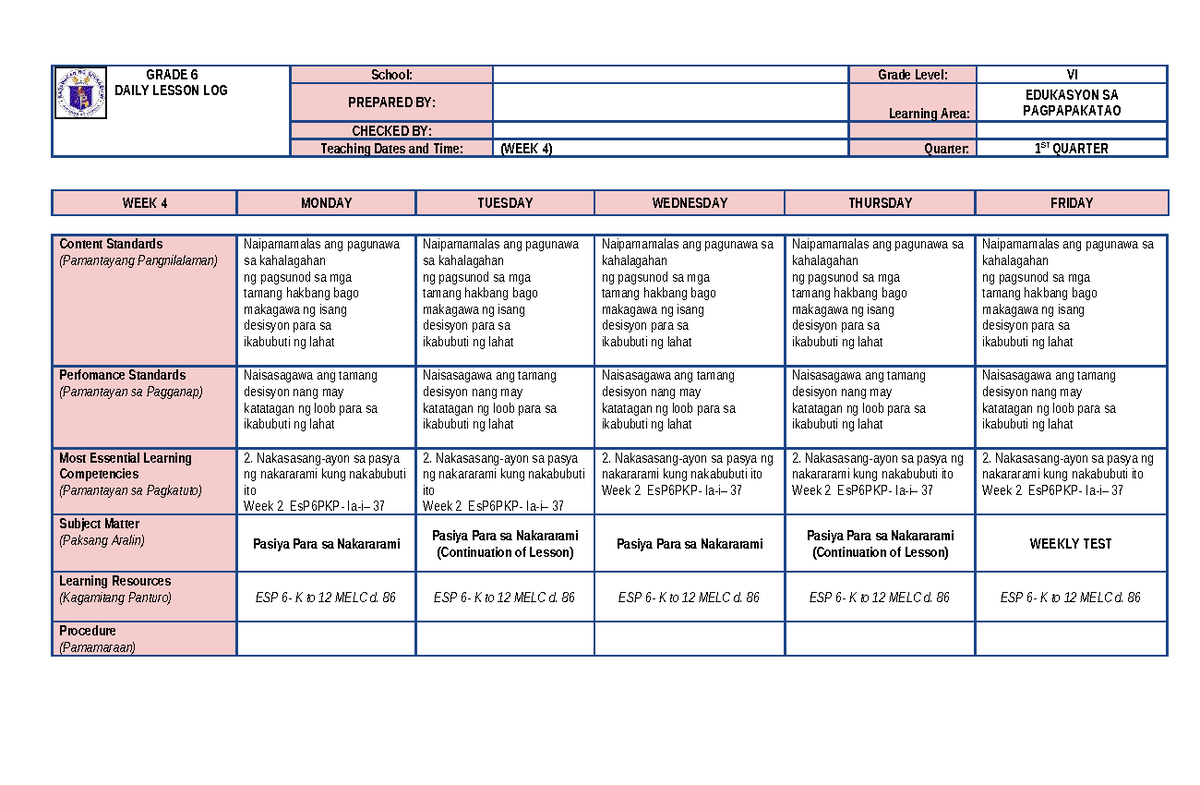 DLL ESP6 WEEK 4 Q1 - Daily Lesson Log for Edukasyon sa Pagpapakatao ...