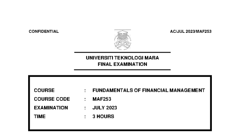 MAF253 Final Exam July 2023 - Fundamentals of Financial Management ...