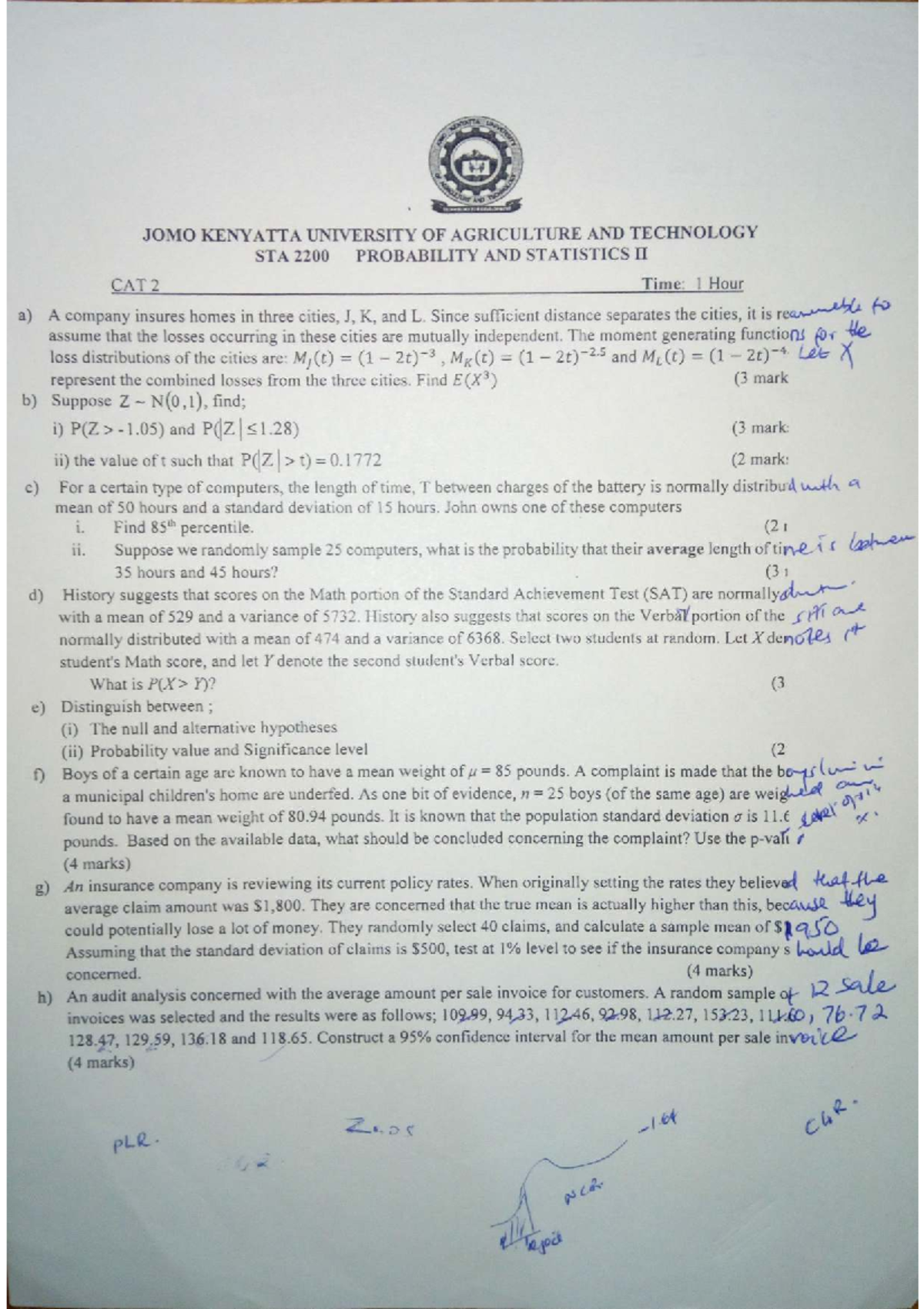 STA 2200 Probability and Statistics II CAT 2 Exam Notes - Studocu