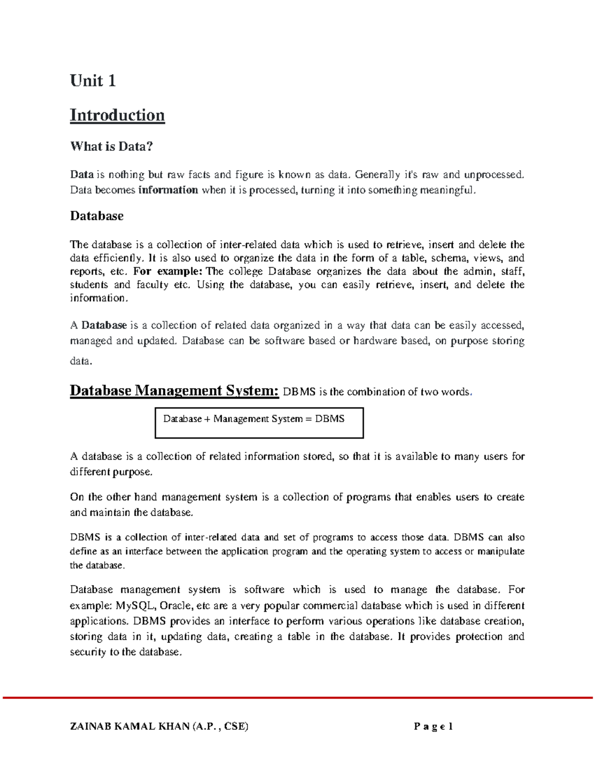 DBMS Notes Unit 1: Introduction to Data and Database Management - Studocu