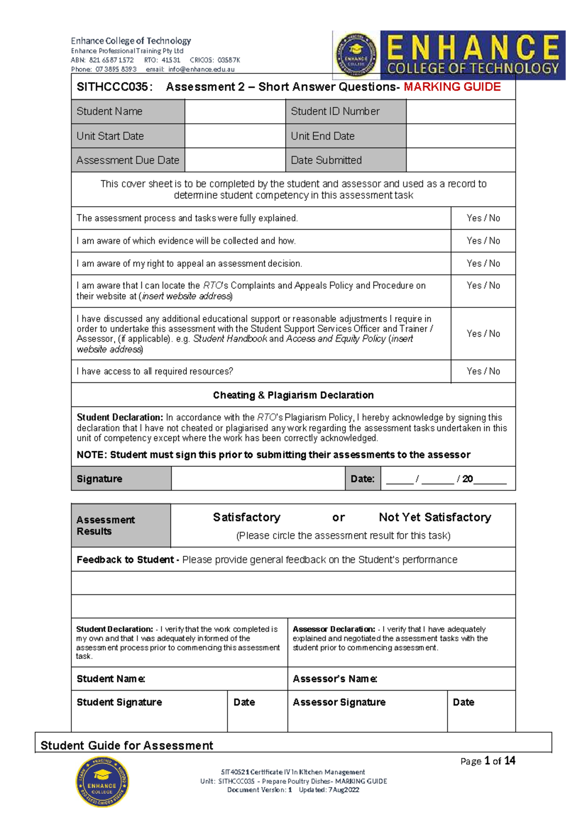 SIT40521 Certificate IV in Kitchen Management: Assessment 2 Marking ...