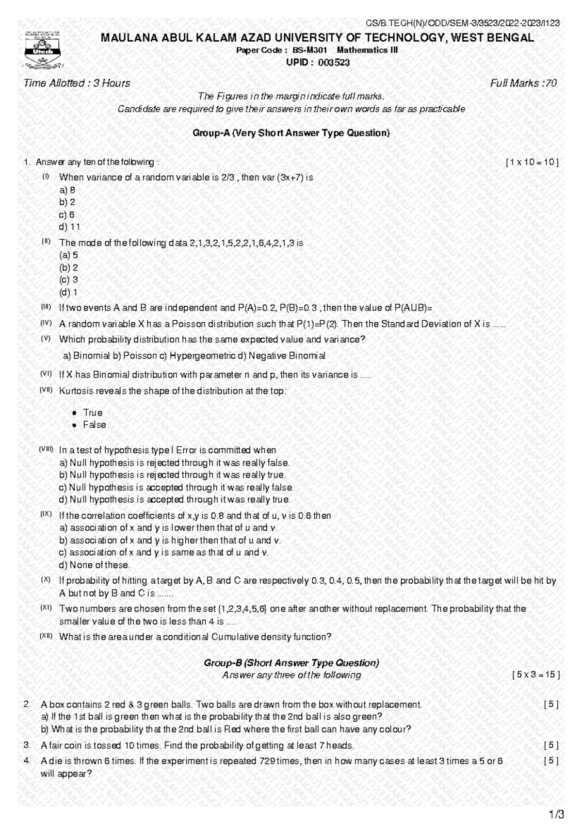 Mathe 2023 - Mathematics Exam Questions (Paper Code: 003523) - Studocu