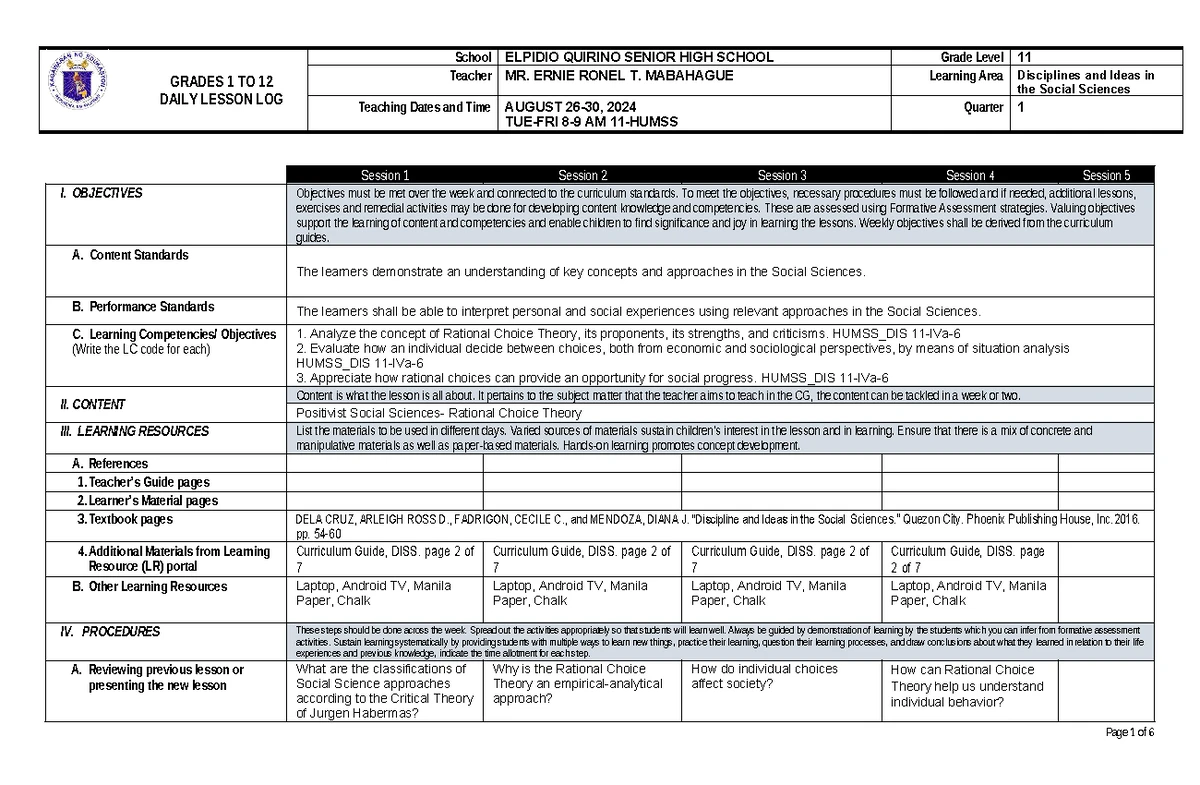 DISS 11 Week 2 Daily Lesson Log for Social Science Disciplines - Studocu