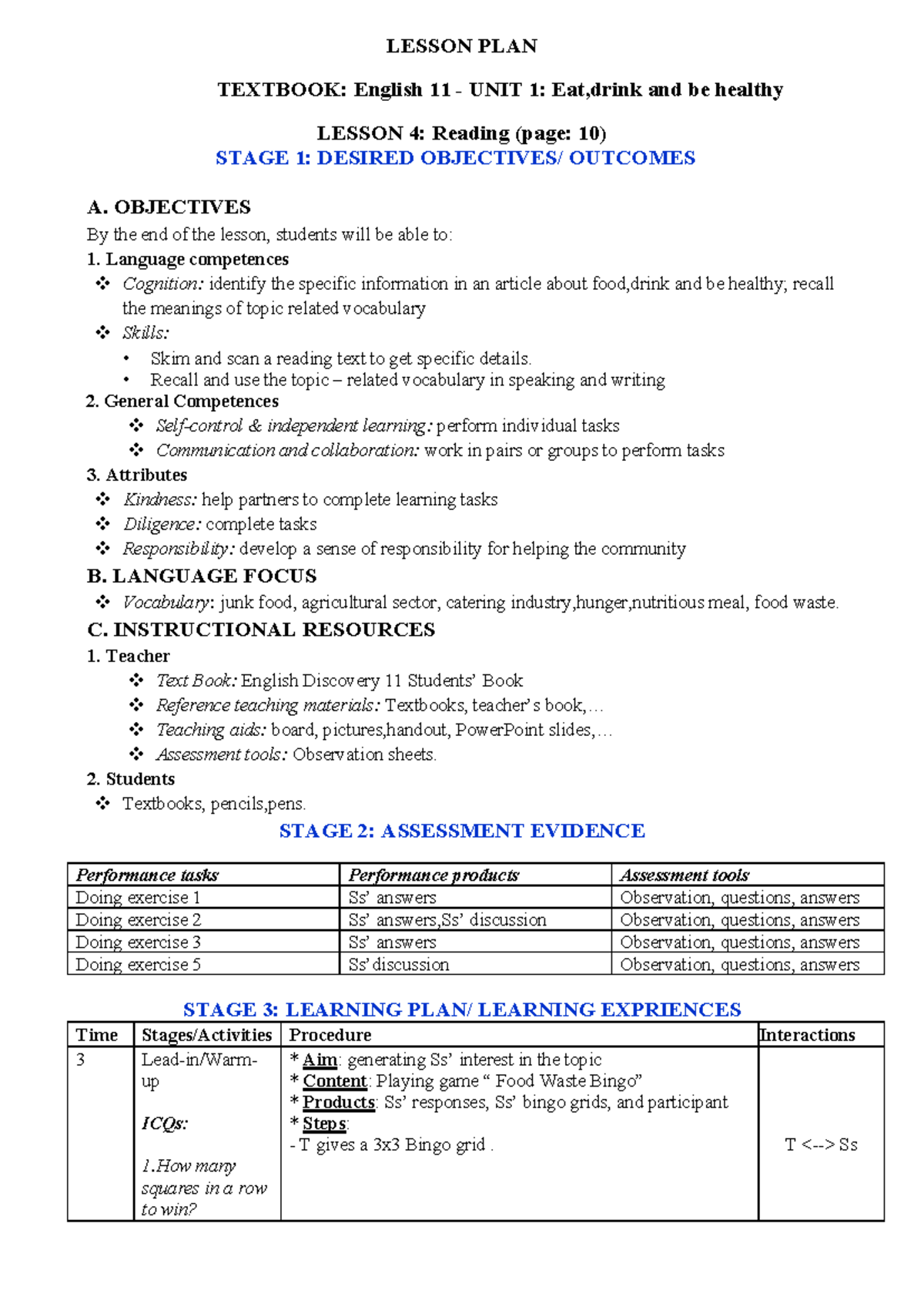English 11 Lesson Plan: Unit 1 - Eat, Drink, and Be Healthy - Studocu