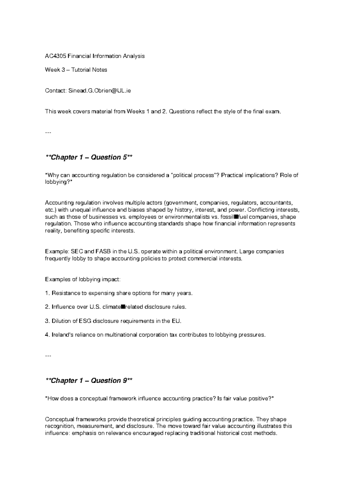AC4305 Financial Info Analysis Week 3 Tutorial Notes - Studocu