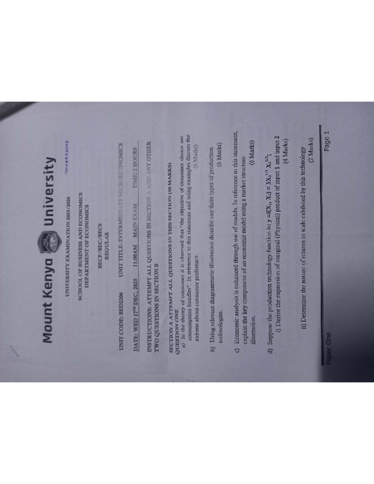 Intermediate Microeconomics Past Paper - BED2206 Exam 2025 - Studocu