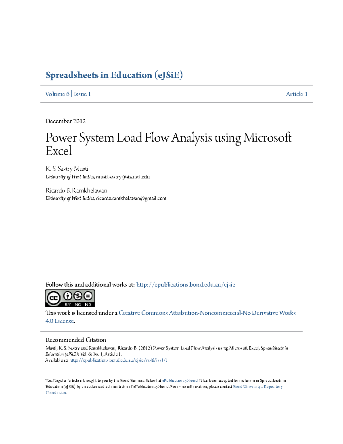 Power System Load Flow Analysis Using Excel (eJSiE) - Volume 6, Issue 1 ...