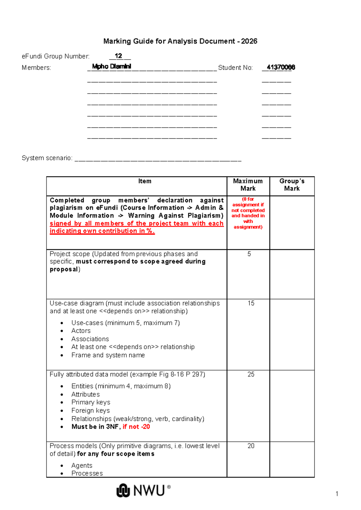 Marking Guide for Analysis Document 2026: eFundi Group Project - Studocu