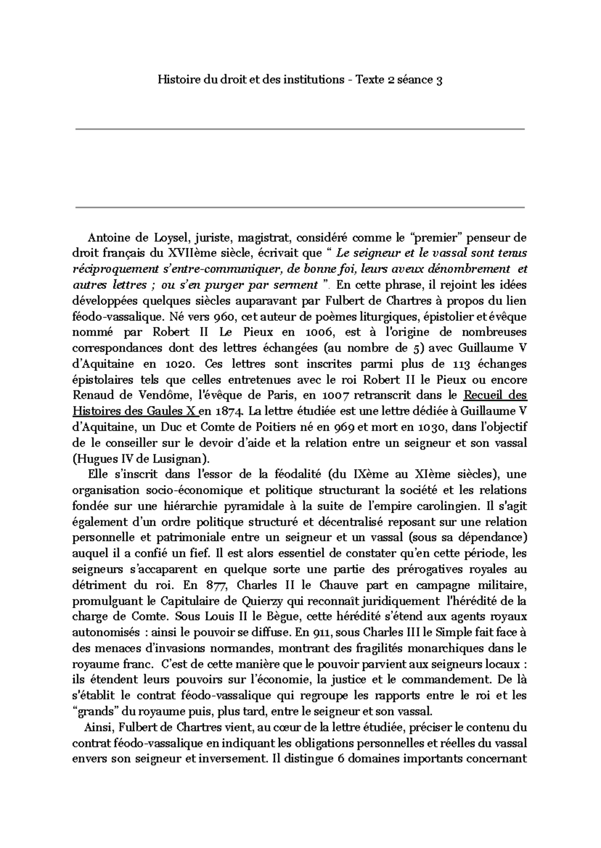 Commentaire de texte 3 - Analyses sur le contrat féodo-vassalique - Studocu