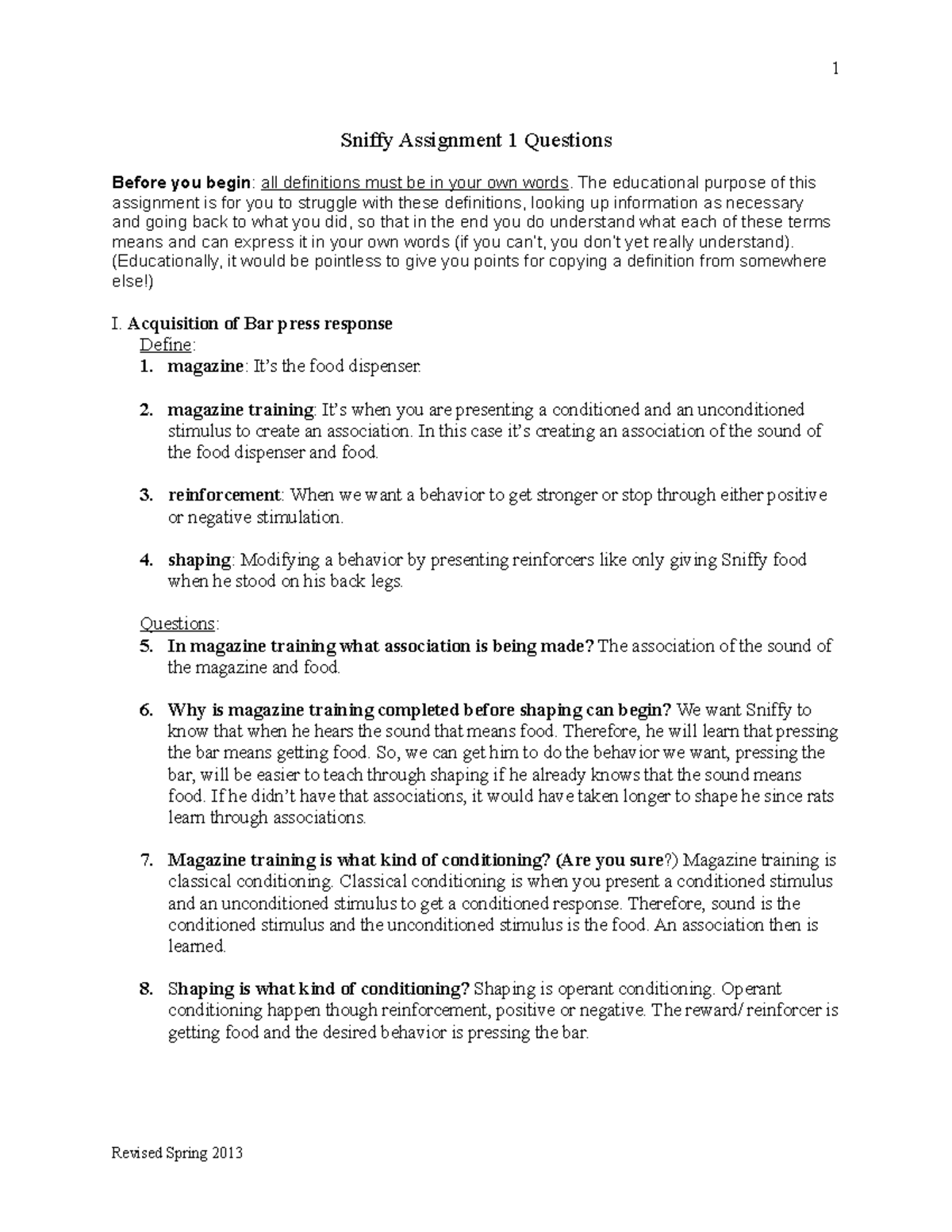 Sniffy 1 Lab Assignment Questions and Definitions - Spring 2013 - Studocu