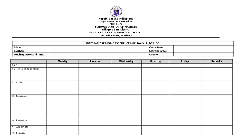 Sample Daily Lesson Log (DLL) Template for Grade Level Instruction ...