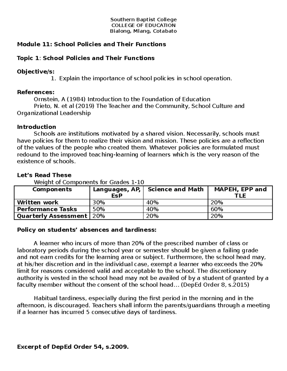 PRED-Module-11: Understanding School Policies and Their Functions - Studocu