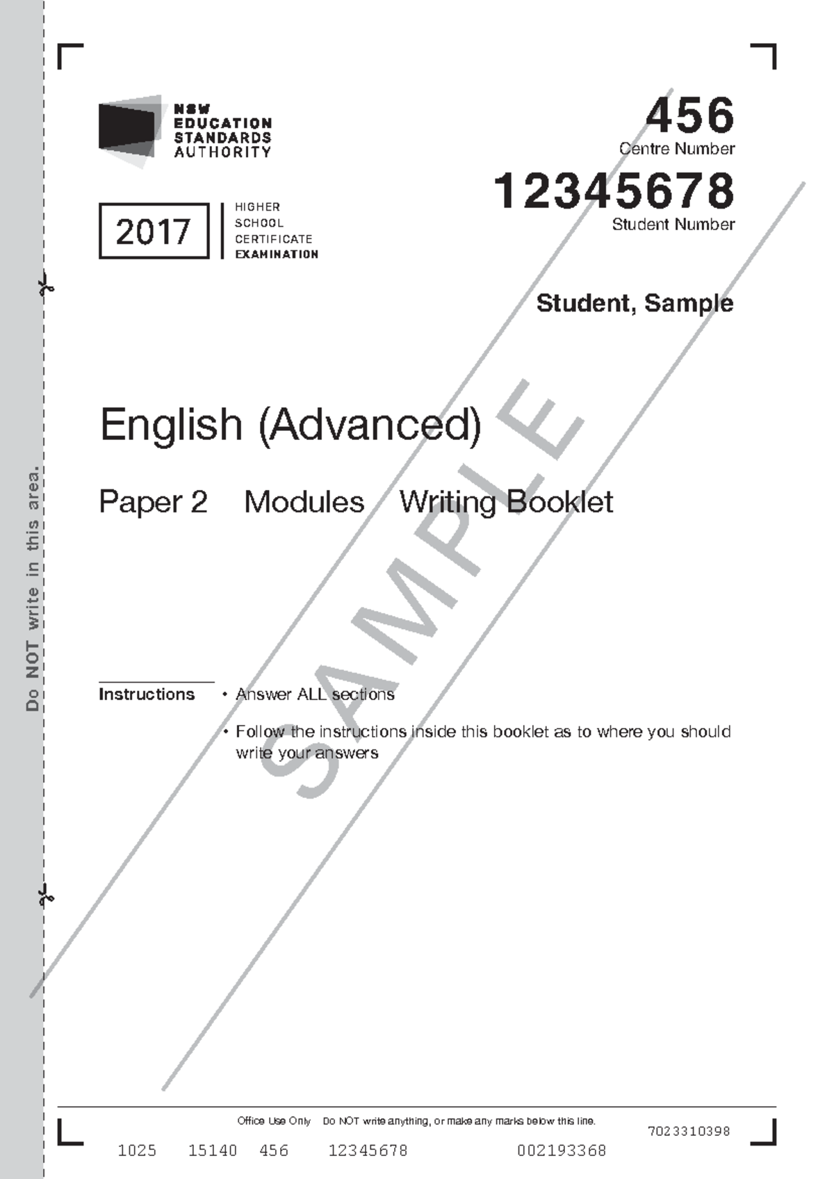 Advanced English HSC Paper 2: Sample Writing Booklet (2017) - Studocu