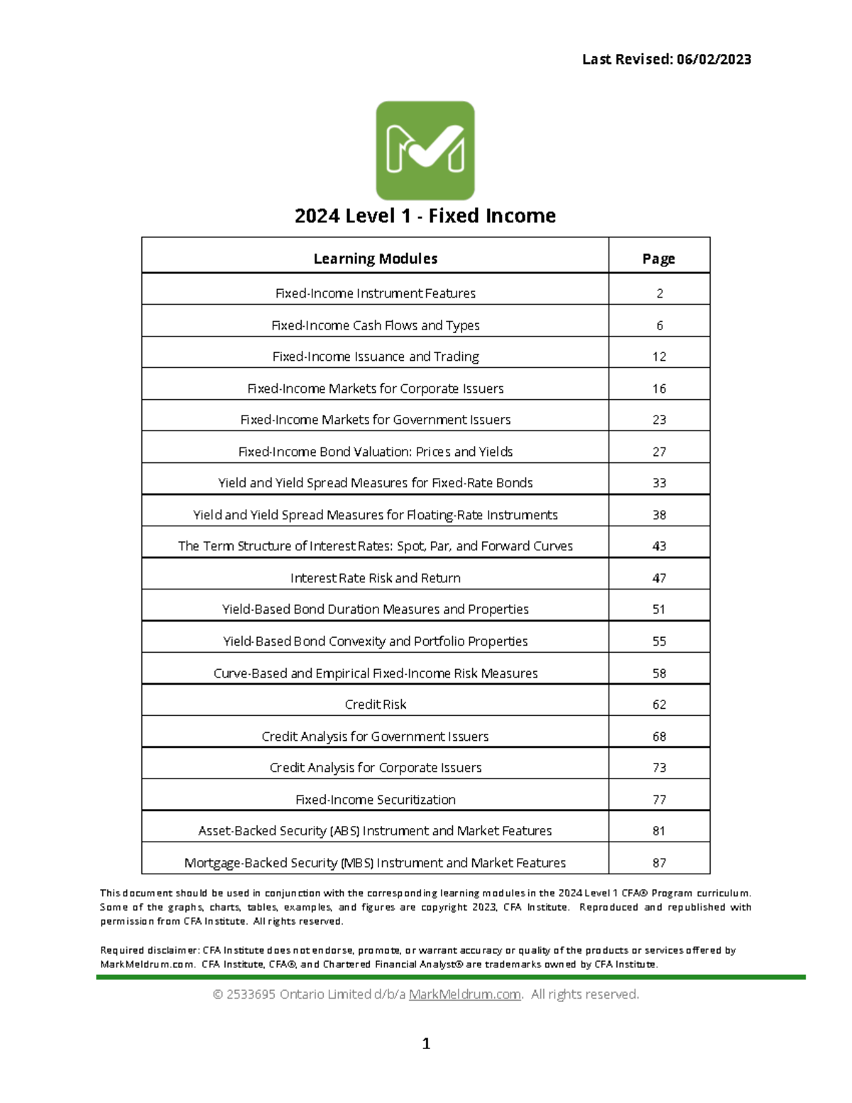 CFA 2024 Level 1 Fixed Income Learning Modules Overview - Studocu