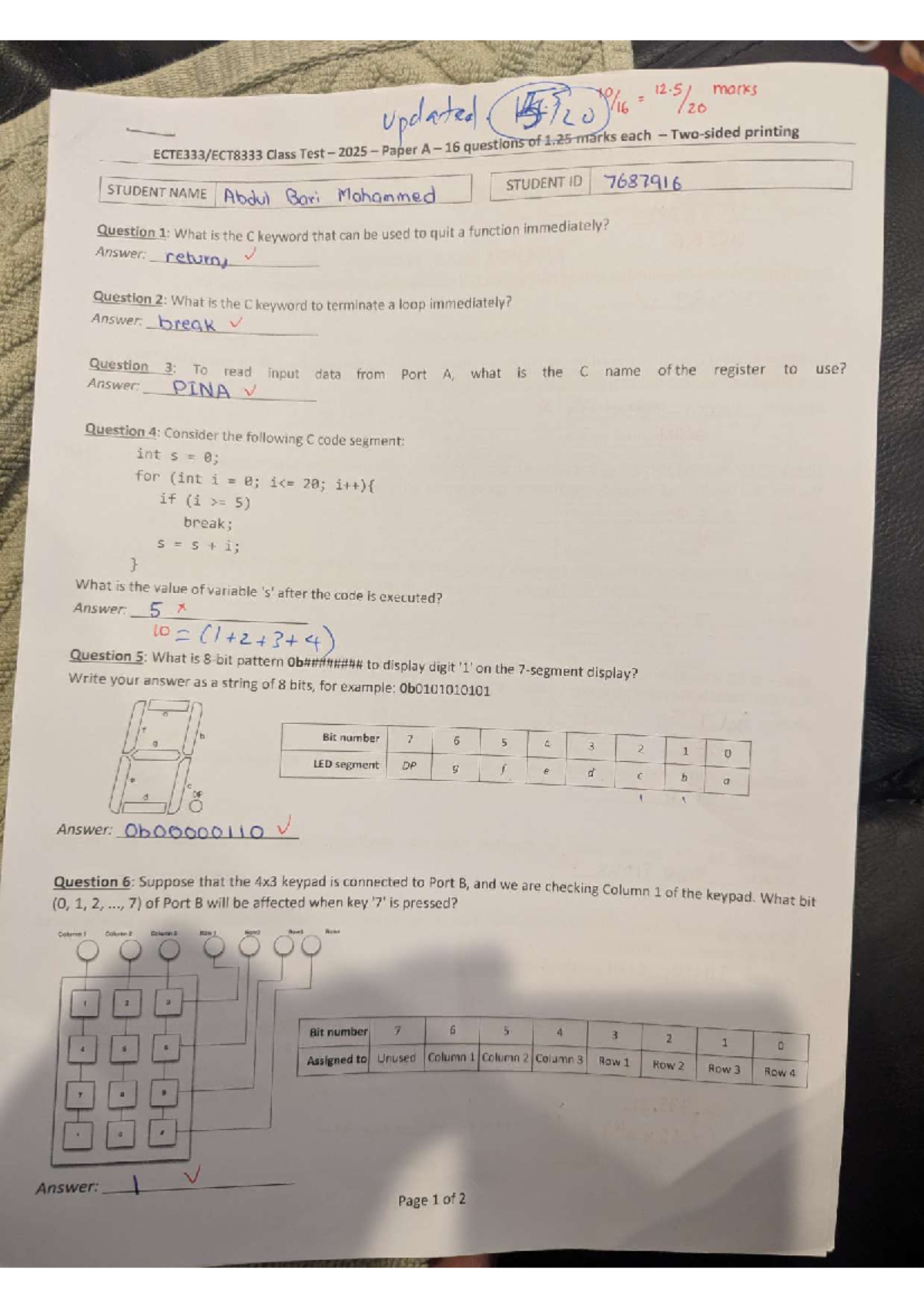 Class Test 2025: C Programming Concepts and Questions (12.5 Marks ...