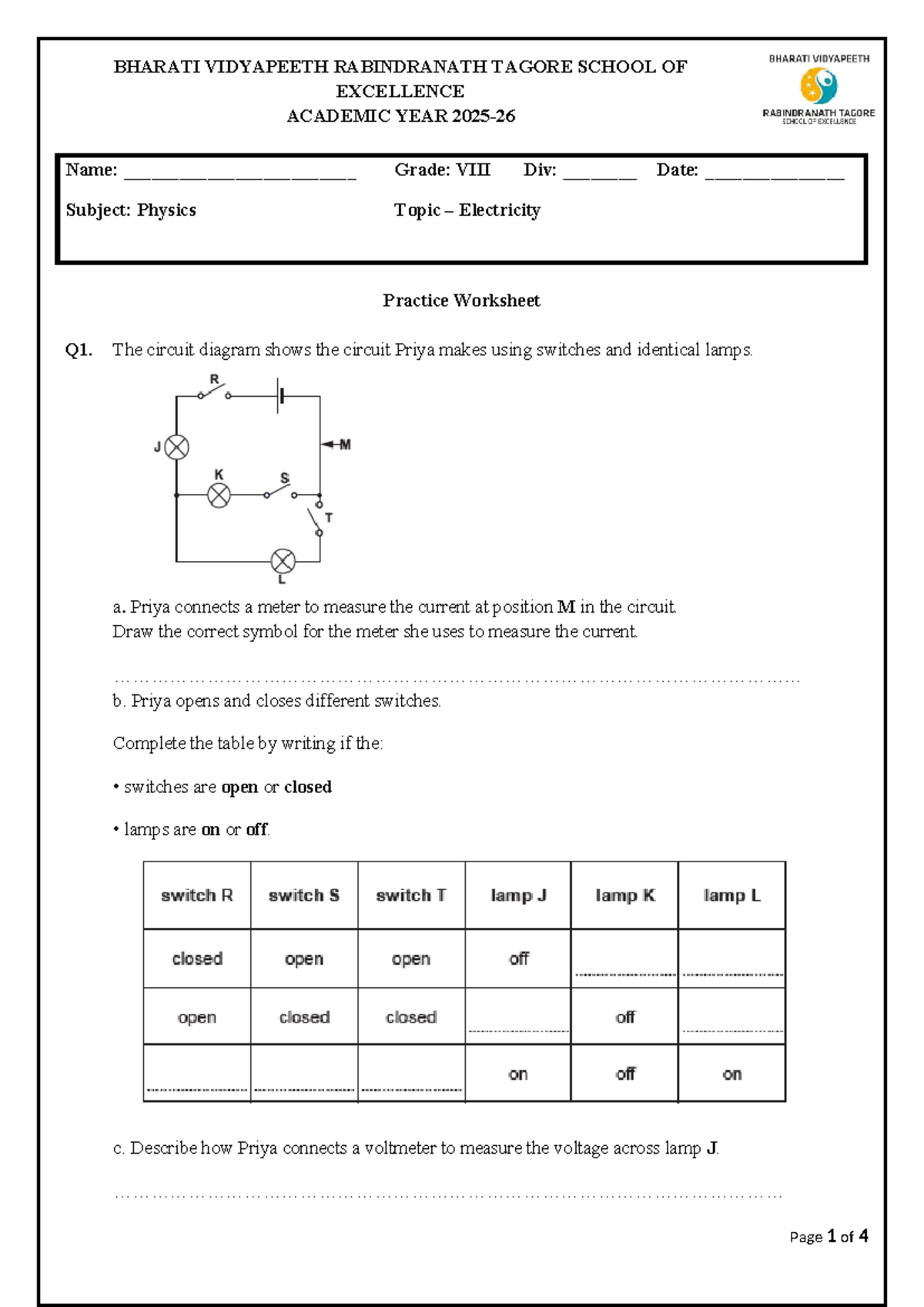 Unit 9 Practice Worksheet: Grade 8 Physics - Electricity Concepts - Studocu