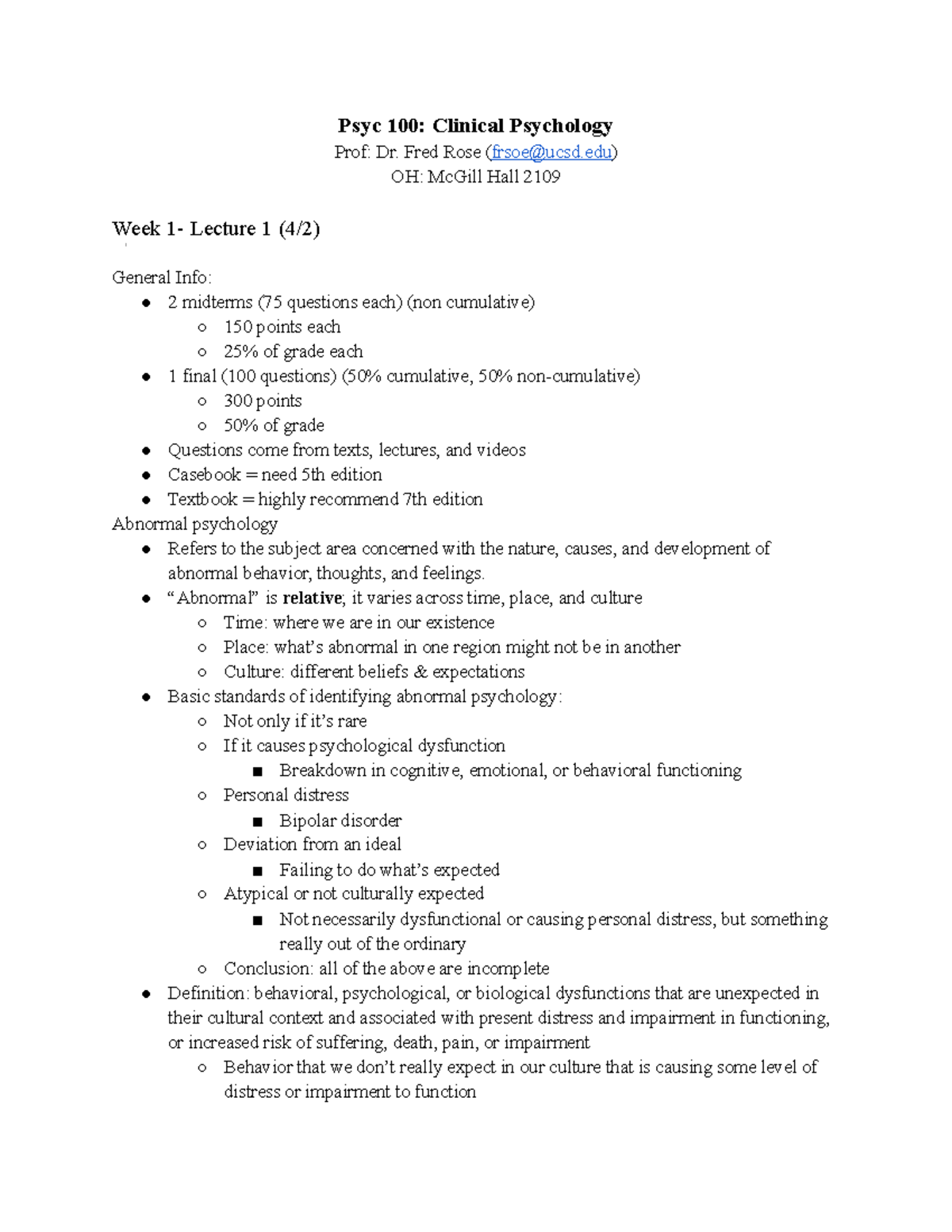 Psyc 100 Final Exam Lecture Notes: Key Concepts in Clinical Psychology ...