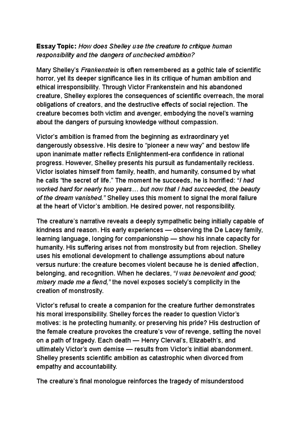 Frankenstein (ENG 101) Essay: Shelley on Human Responsibility ...
