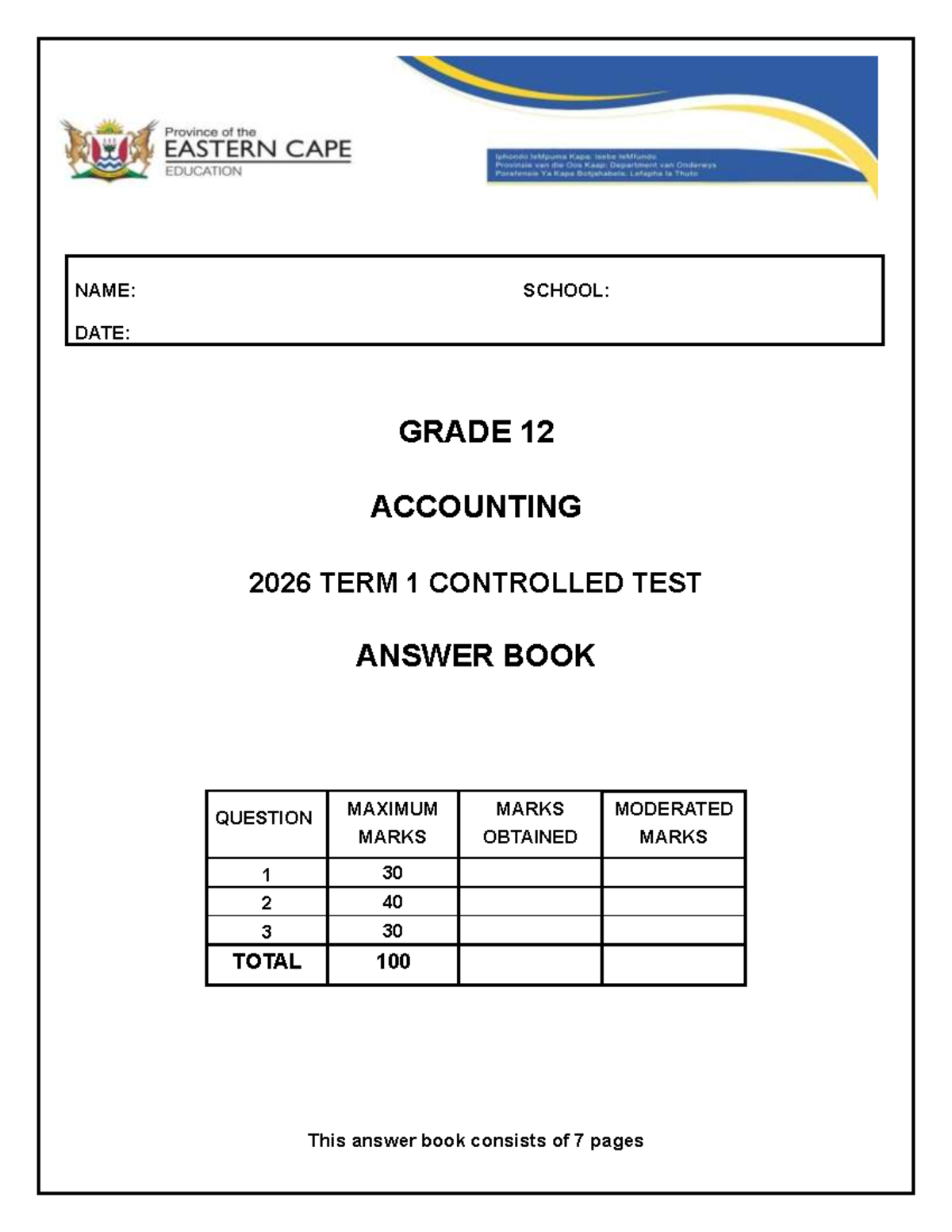 2026 Gr 12 Accounting Term 1 Controlled Test Answer Book - Studocu