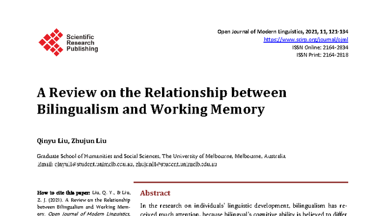 A Systematic Review of Bilingualism and Working Memory (OJML 2021 ...