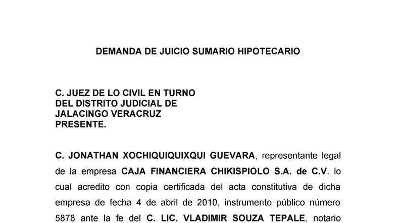 Demanda de Juicio Sumario Hipotecario - Ampliación Hipotecaria C. J