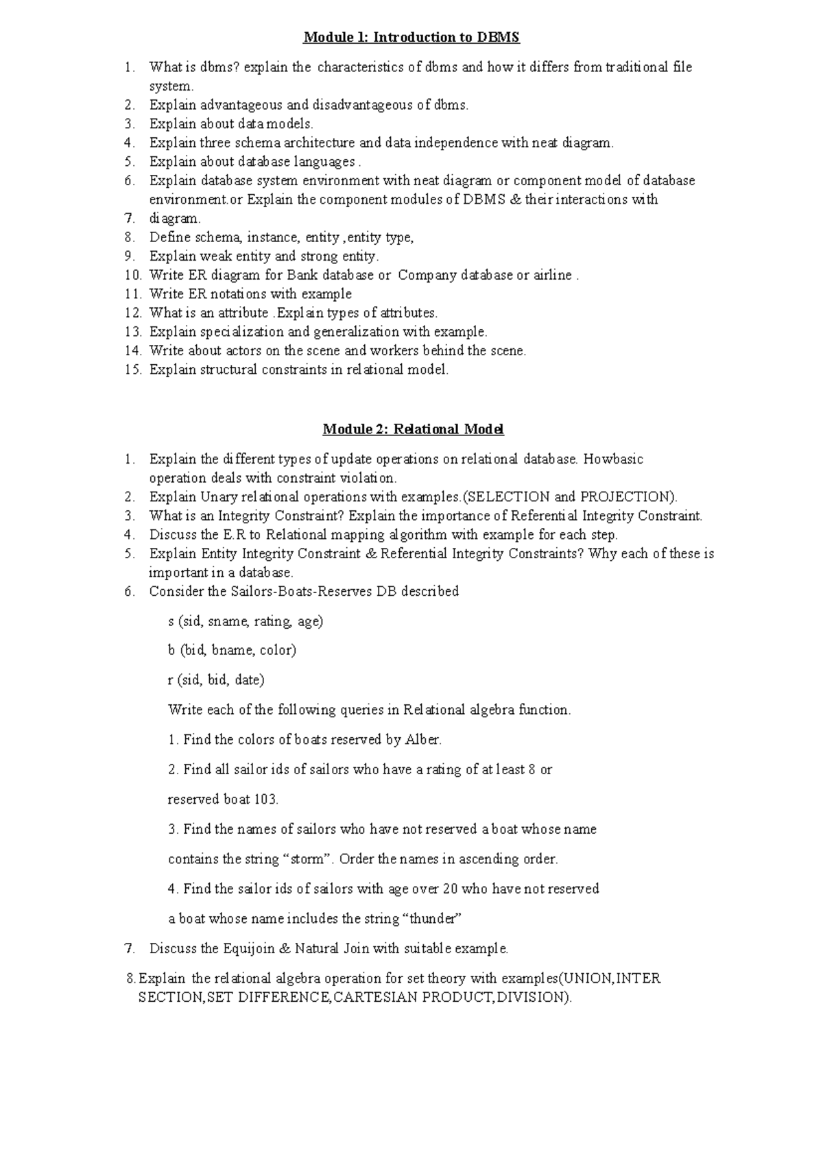 DBMS Modulewise Questions: Characteristics, Models, and Operations ...