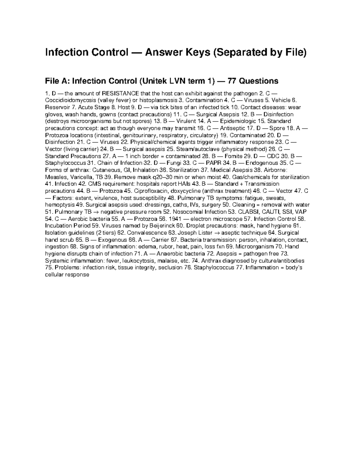 Infection Control Answer Keys (Unitek LVN Term 1) - 77 Qs & Quiz 2 ...