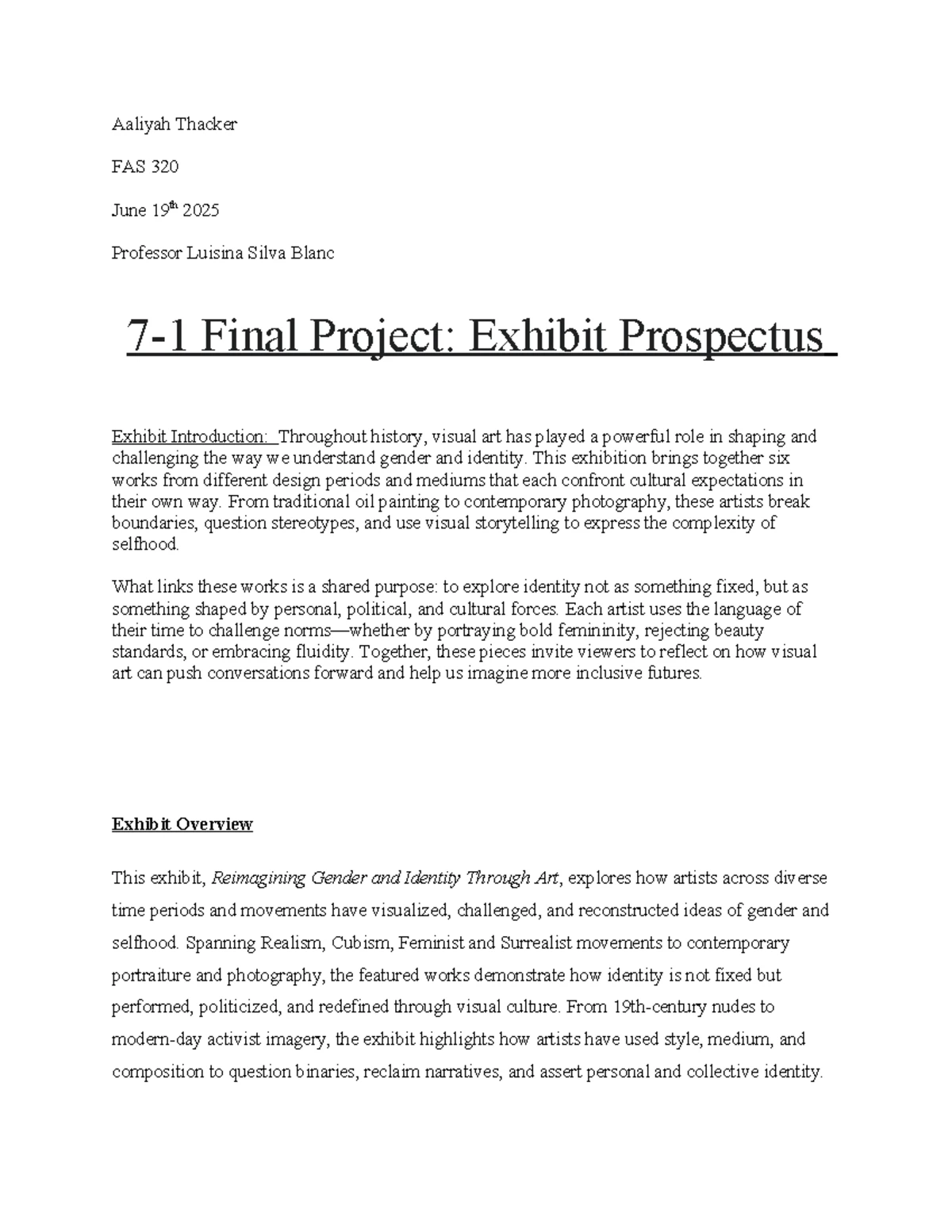 FAS 320 Final Project Milestone 2: Gender & Identity in Art - Studocu