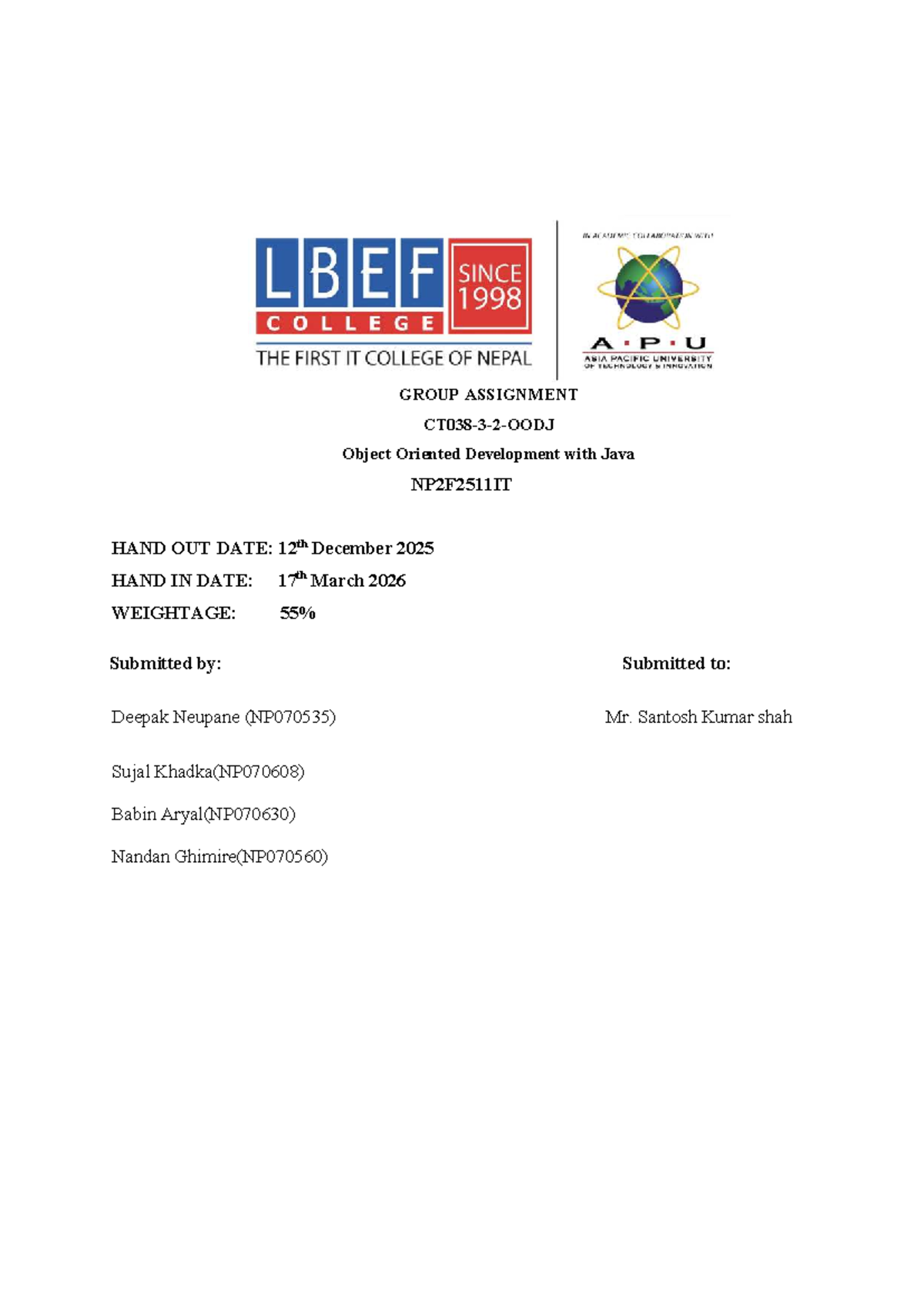 GROUP ASSIGNMENT: Object Oriented Development with Java NP2F2511IT ...