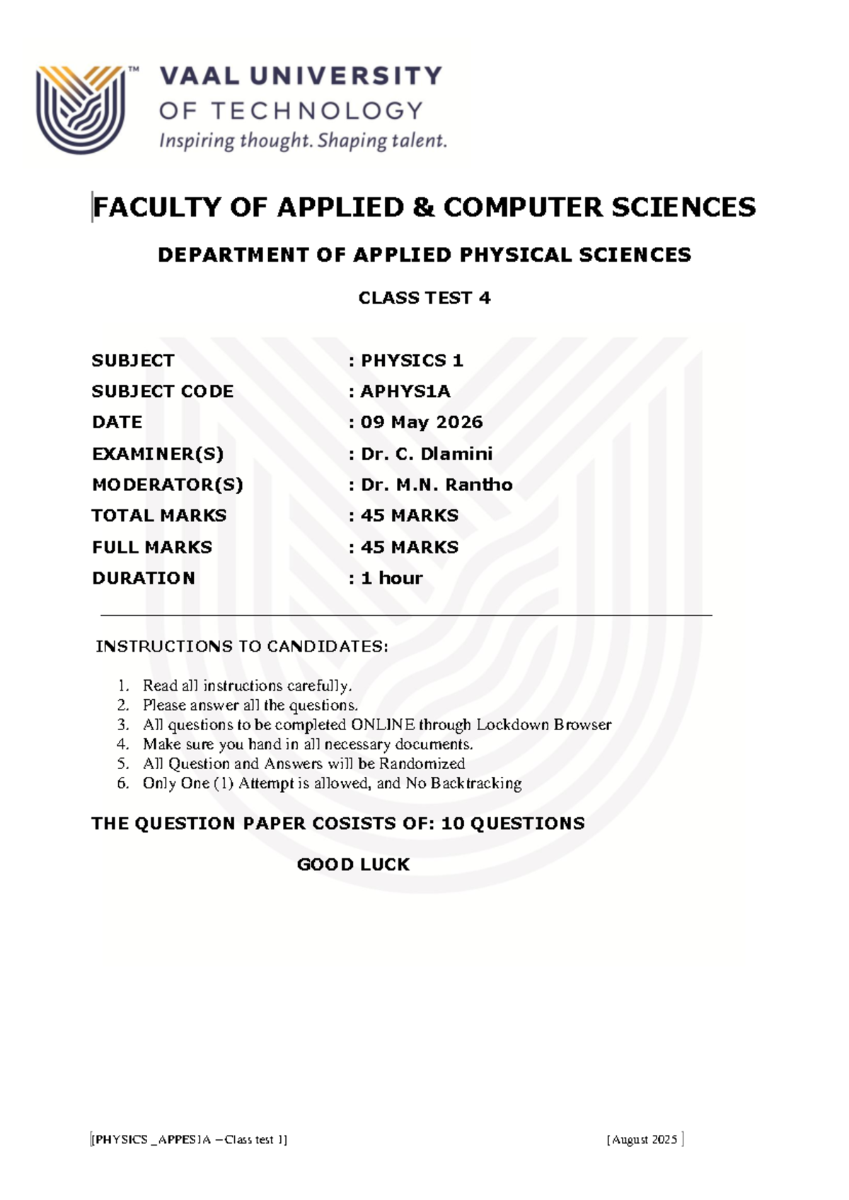 APHYS1A Class Test 4: Physics 1 - May 9, 2026 - Studocu
