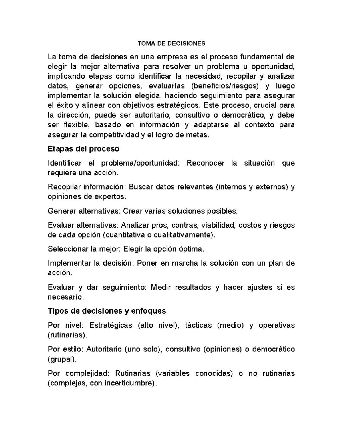 TOMA DE DECISIONES: Proceso y Tipos en la Empresa - Studocu