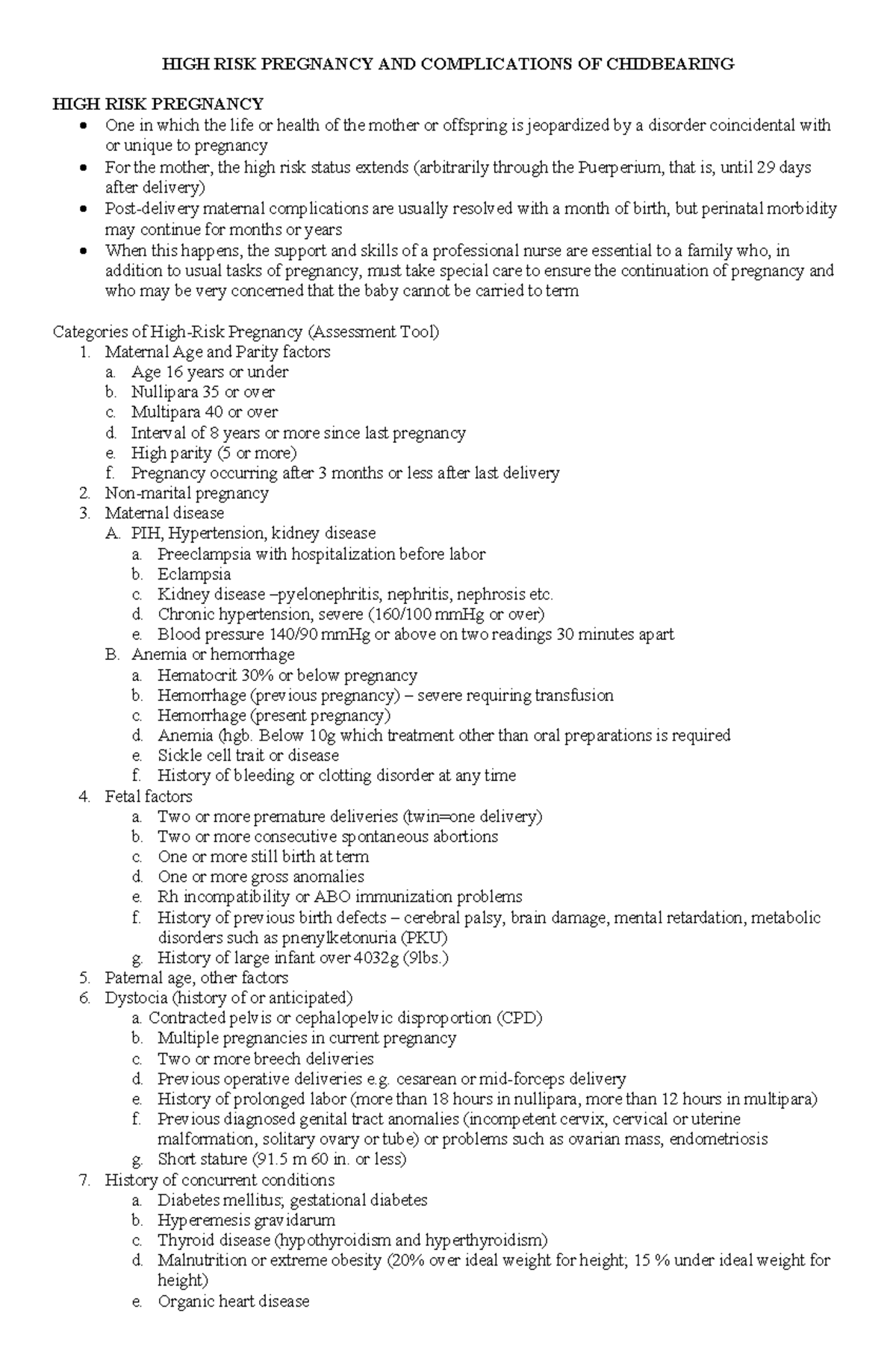 Prelim NUR 301: High Risk Pregnancy & Complications Overview - Studocu