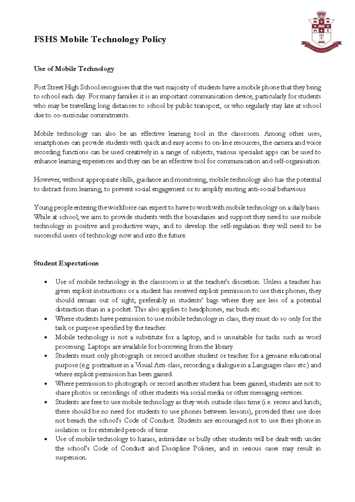 FSHS Mobile Technology Policy: Guidelines for Responsible Use - Studocu
