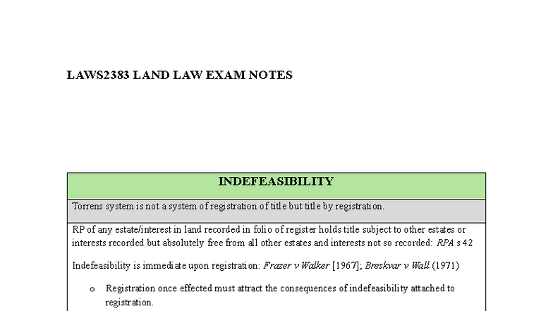 LAWS2383 Land Law HD Exam Notes: Indefeasibility & Torrens System - Studocu