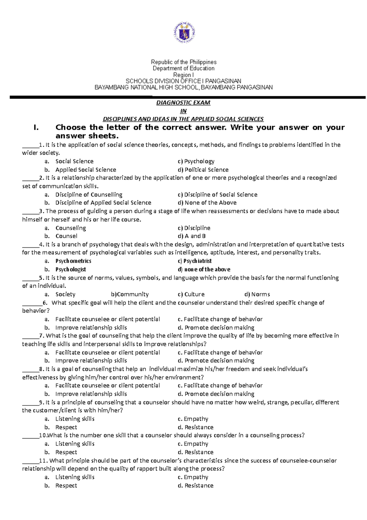 DIASS Diagnostic Exam 2022: Applied Social Sciences Assessment - Studocu
