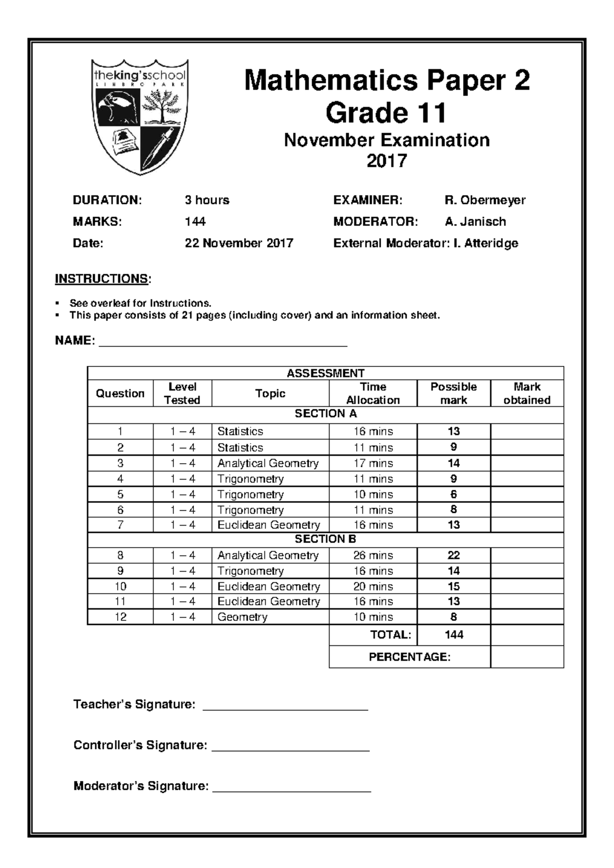 Grade 11 Mathematics Paper 2 November Exam 2017 - Studocu