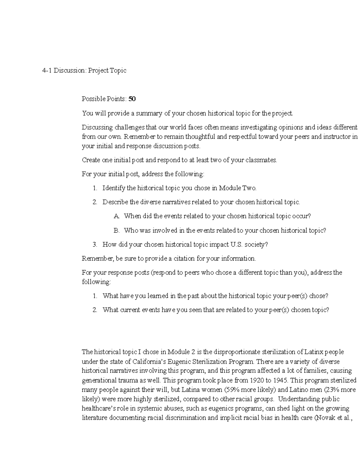 HIS 217 Discussion 4: Summary of Historical Topic on Eugenics - Studocu