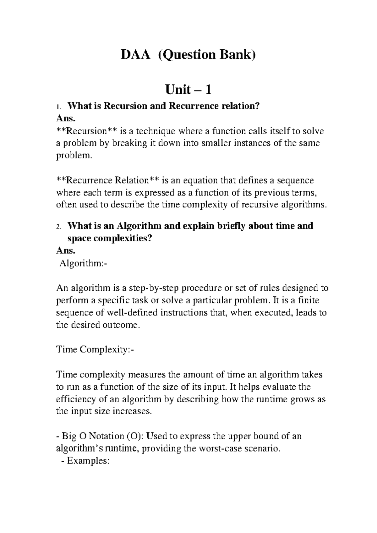 Important question for mid sem DAA - DAA (Question Bank) Unit – 1 1 ...