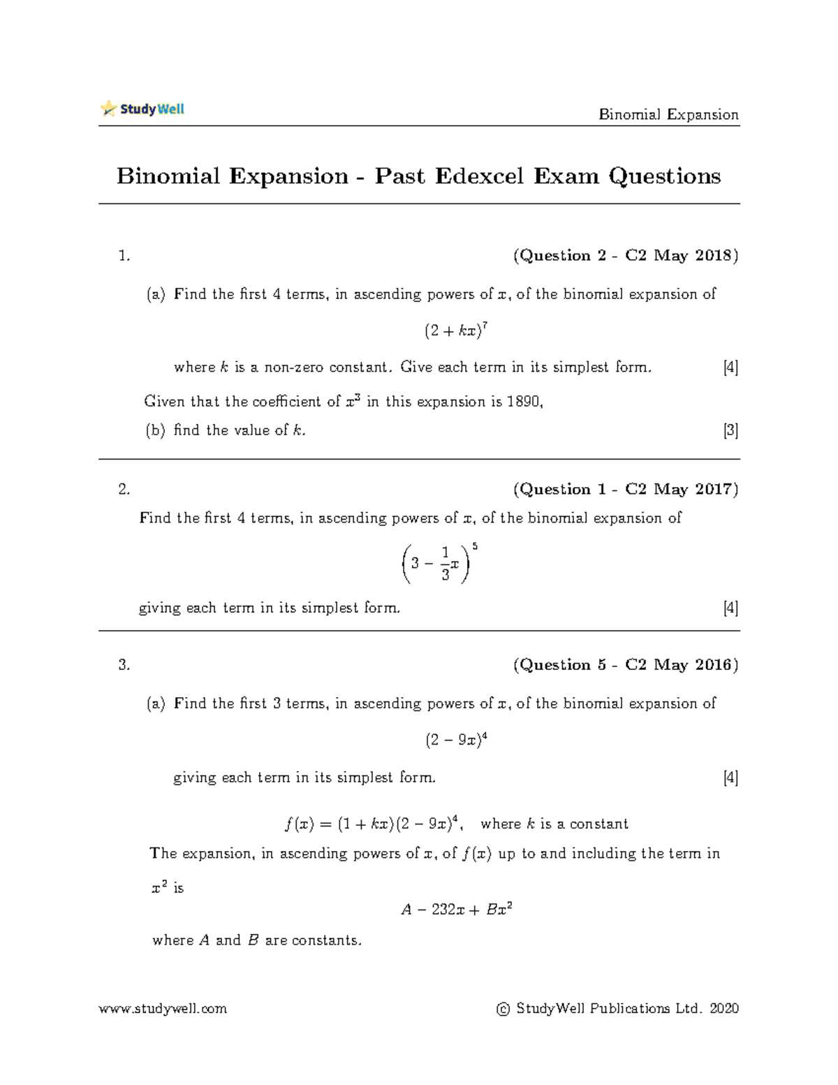 C2 Binomial Expansion Past Exam Questions and Solutions - Studocu