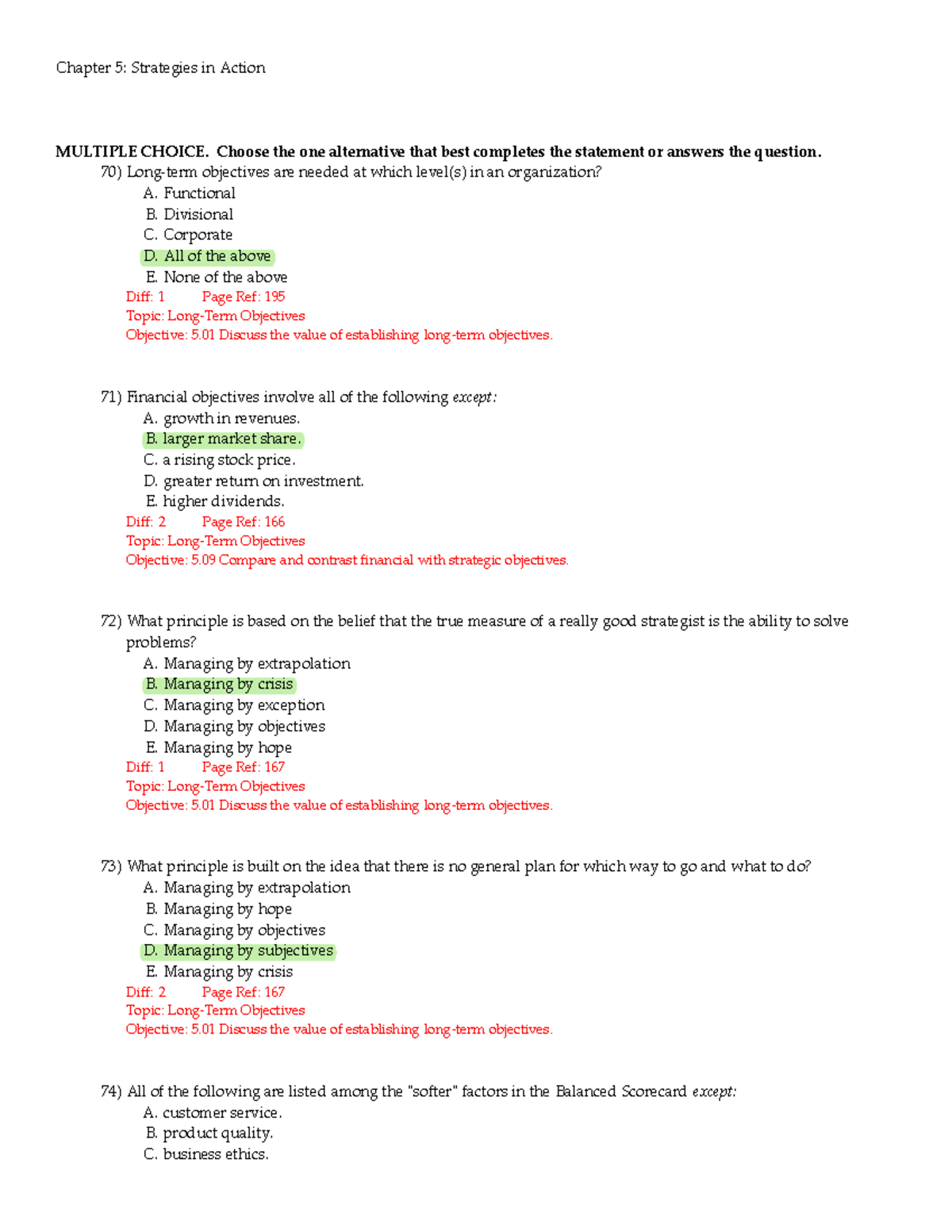 Chapter strategy implementation MCQ - Chapter 5: Strategies in Action ...