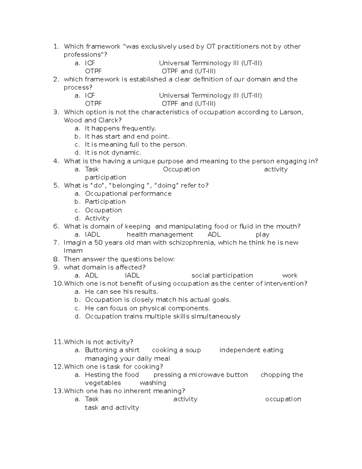Exam Questions for OT Practitioners - Course Code: OTPF - Studocu