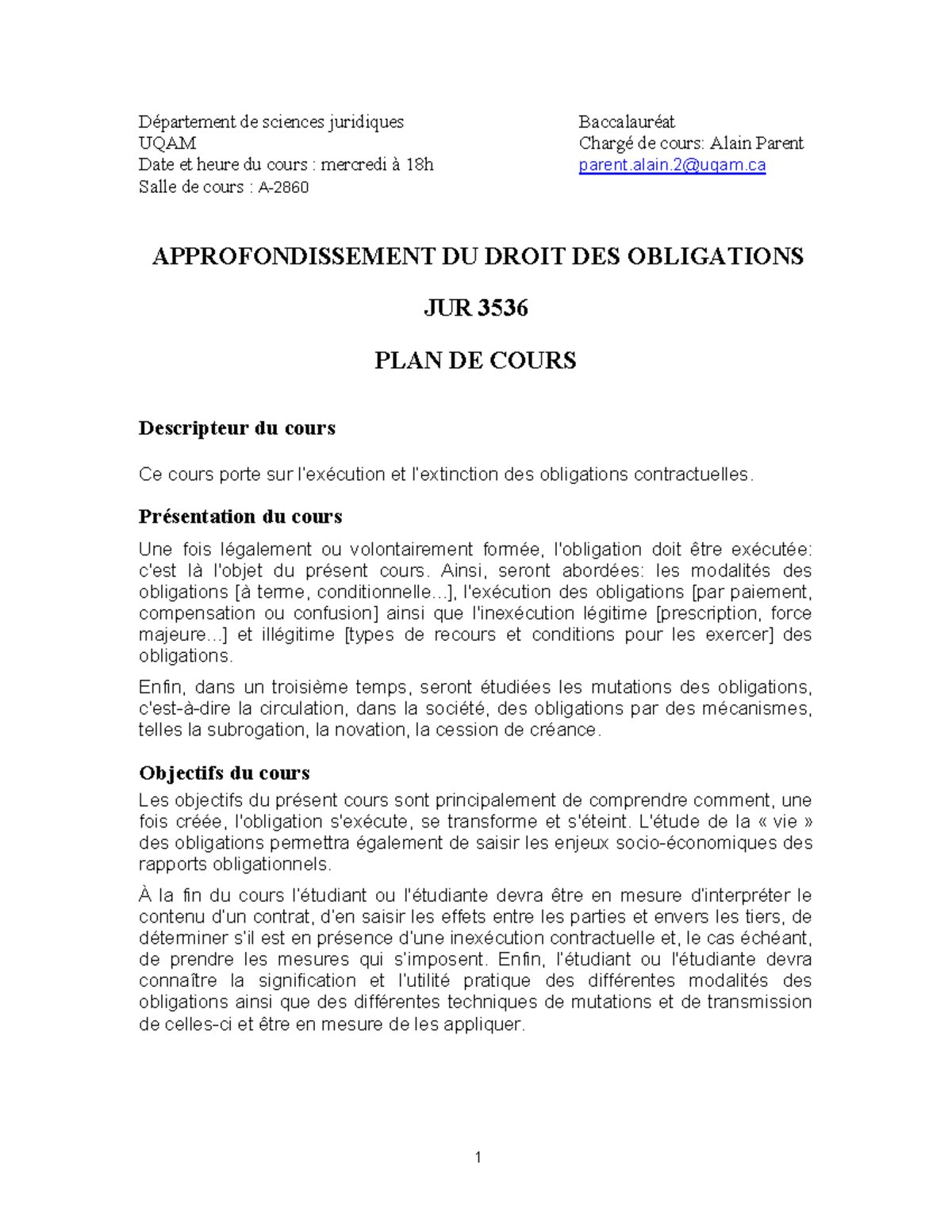 Plan de Cours JUR 3536 : Approfondissement du Droit des Obligations ...