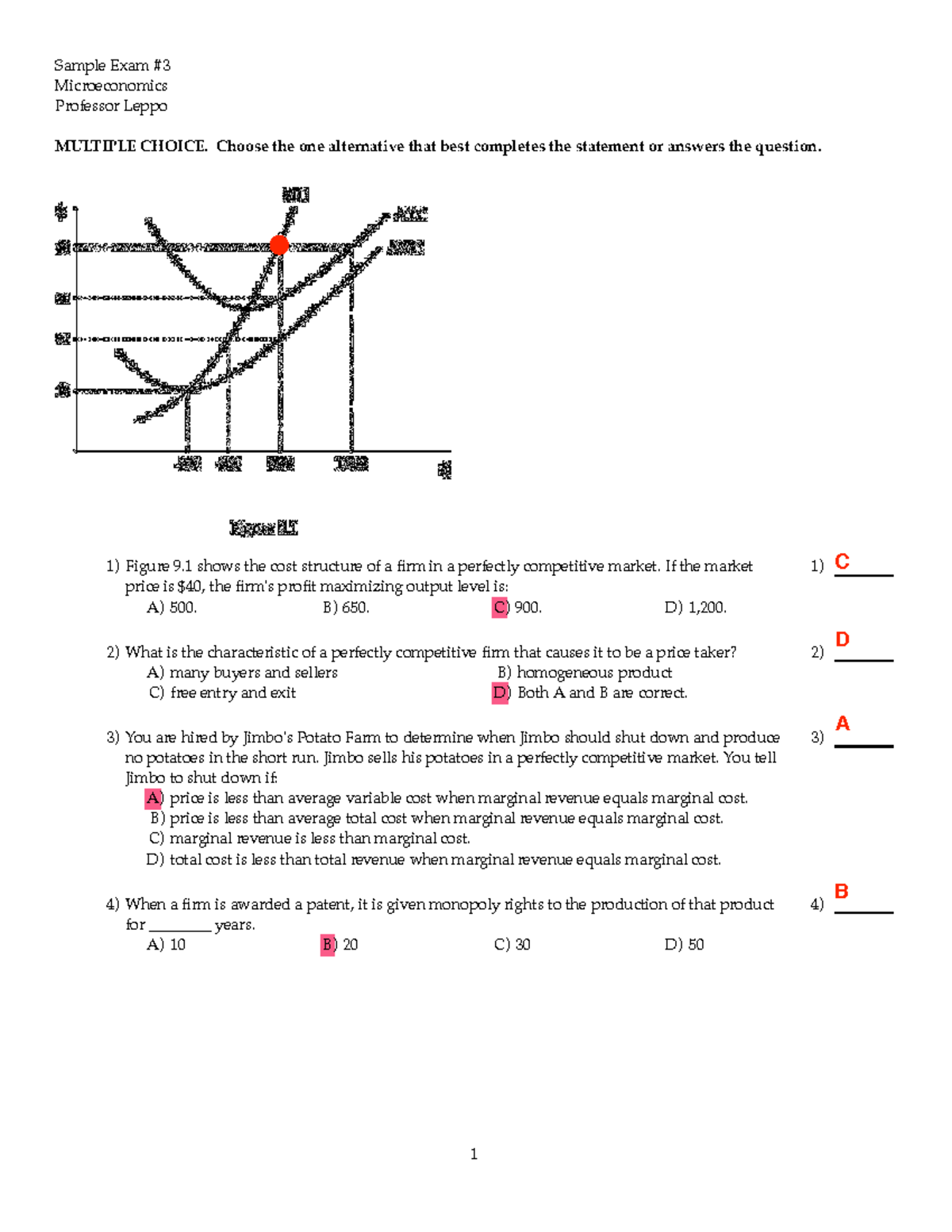 Sample Exam #3 - Microeconomics (Prof. Leppo) Multiple Choice Questions ...