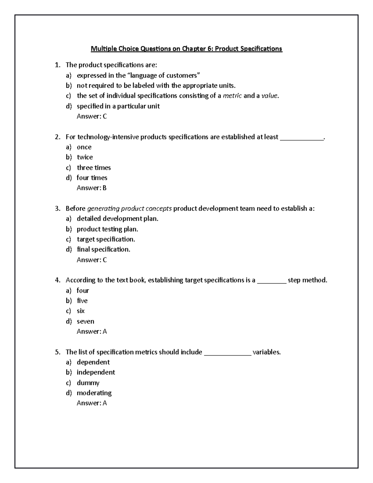 Multiple Choice Questions - Chapter 6: Product Specifications - Studocu