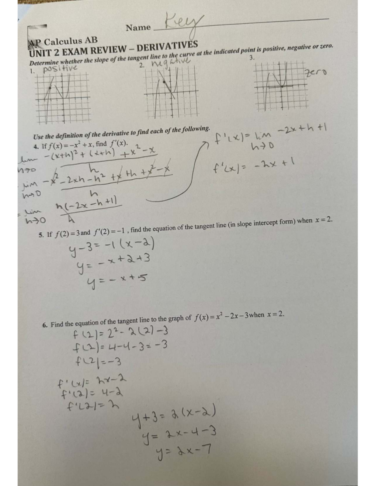 AP Calculus AB Unit 2 Exam Review: Derivatives and Tangent Lines - Studocu