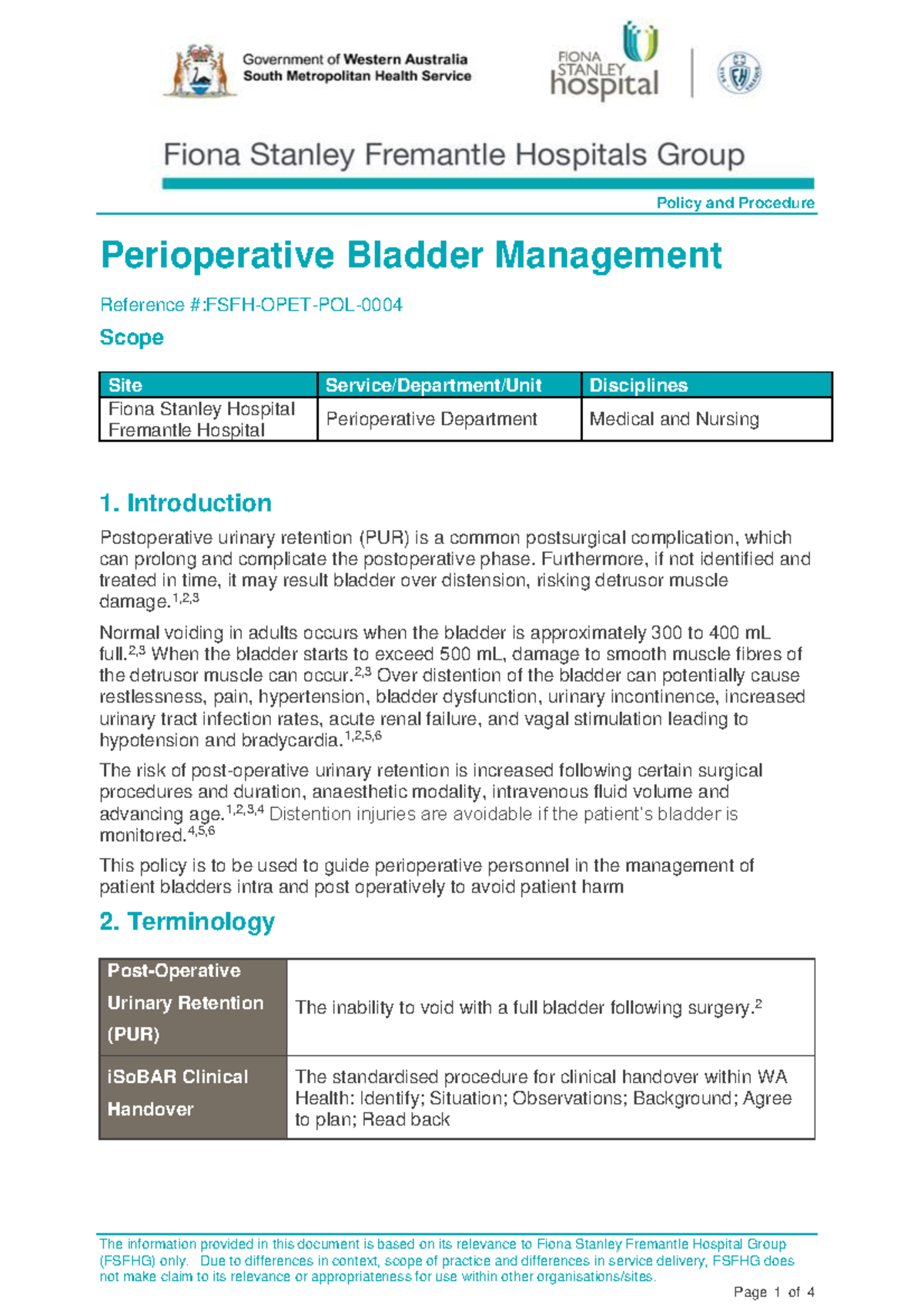 Perioperative Bladder Management Policy & Procedure (FSFHG) - Studocu