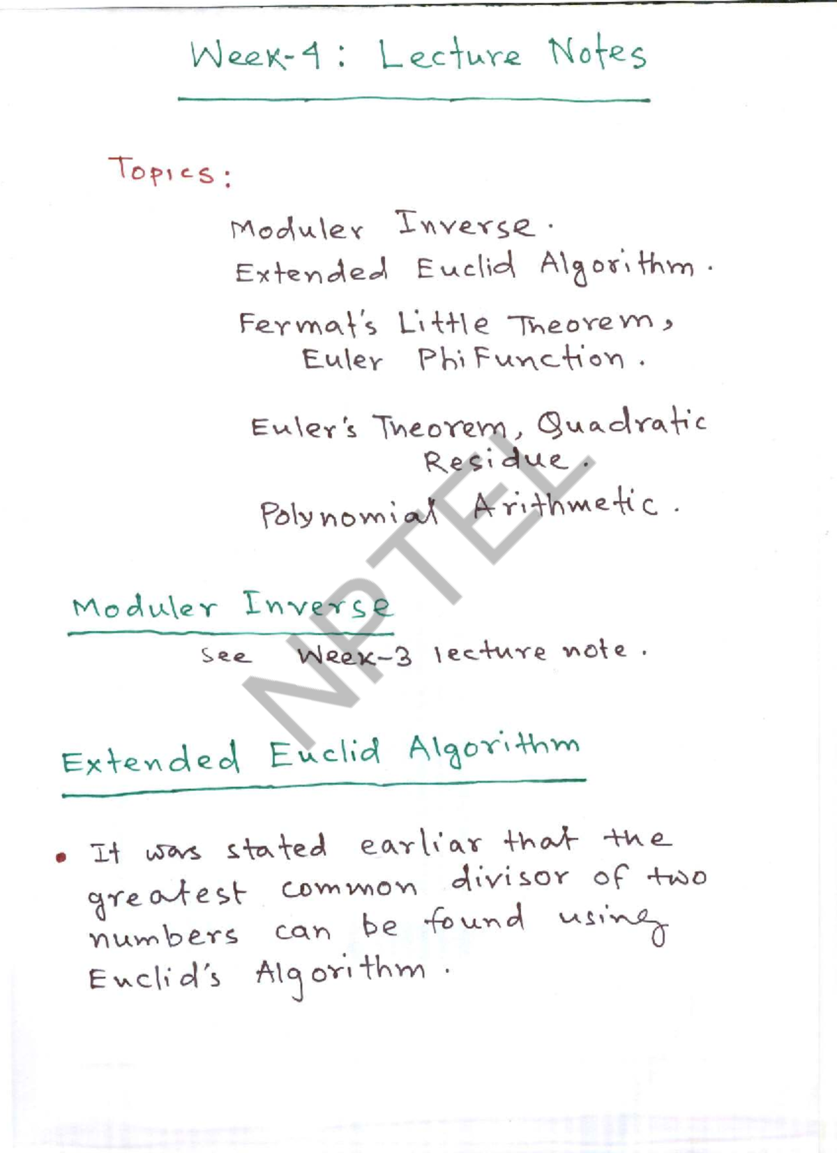 Lecture Notes: Modular Inverse, Extended Euclid Algorithm, Little ...